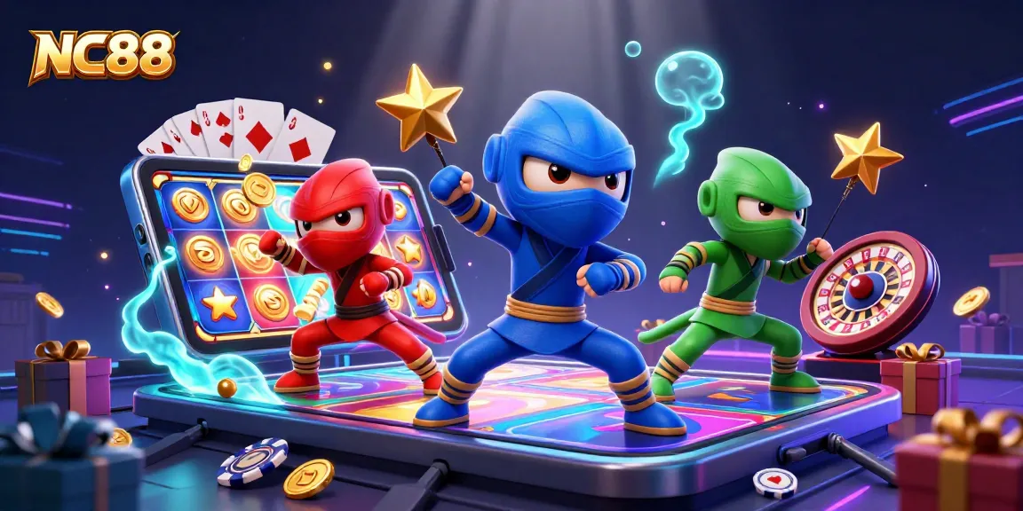 Experience thrilling gameplay with NC88's ninja chameleon team, showcasing vibrant casino elements.