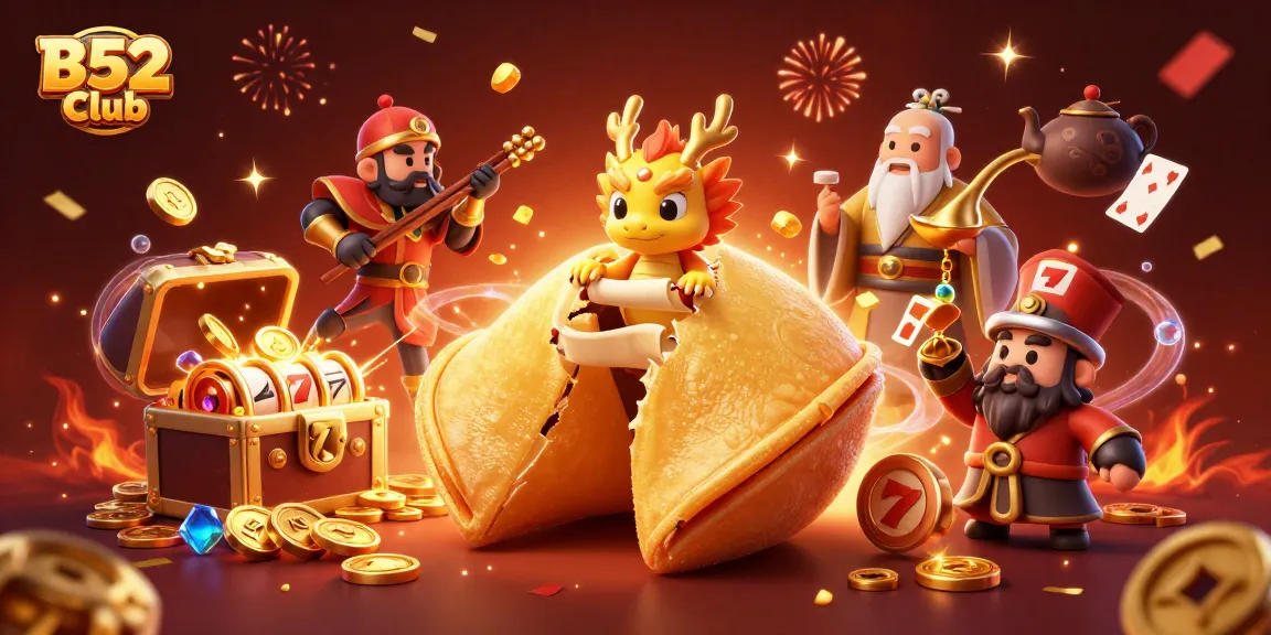 Engage with B52 Club’s vibrant gaming experience featuring a golden cookie, dragon, and slot reels.