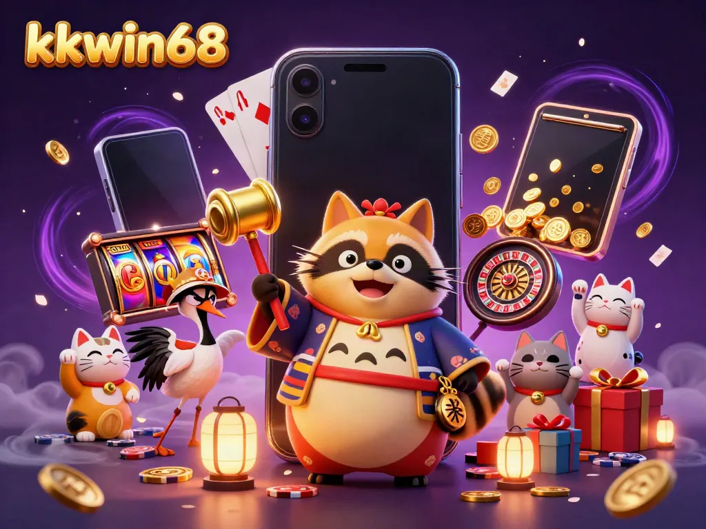Experience thrilling gambling escapades with kkwin68 through a colorful casino-themed illustration.