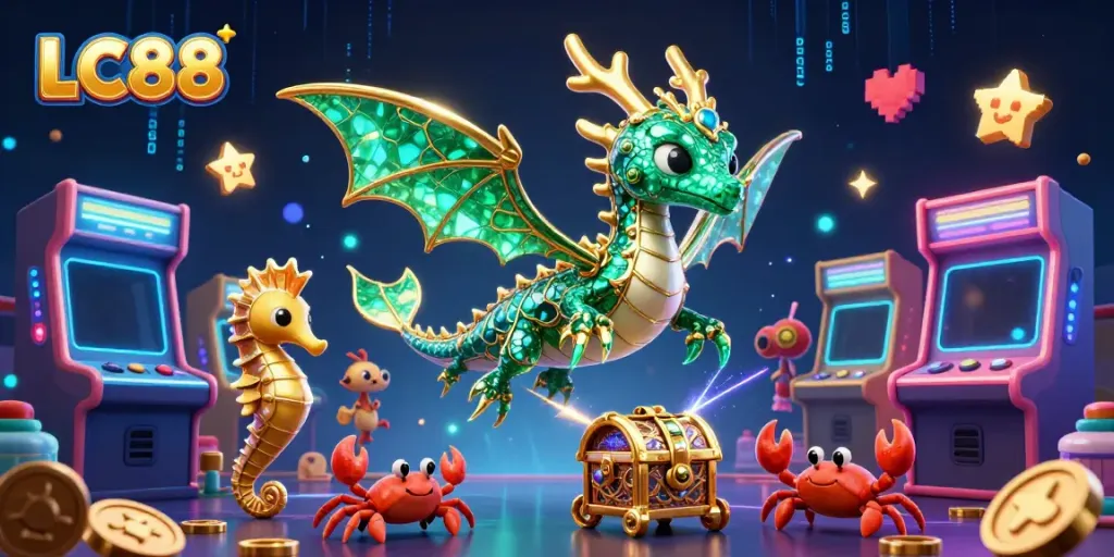 Engage with LC88's vibrant gaming adventure featuring a regal sea dragon and treasure-filled scene.