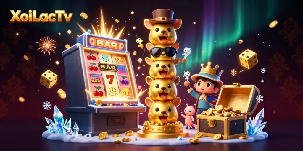 XoiLacTv offers an engaging 3D illustration of cartoon totem and casino elements, bursting with energy and celebration.