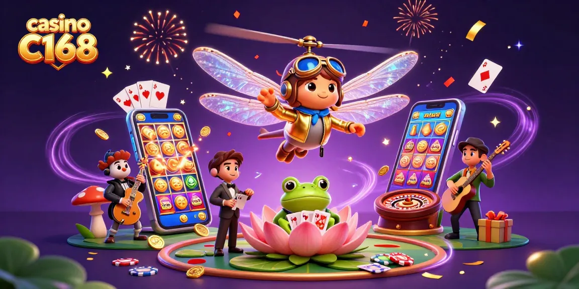 Engage with casino C168's vibrant 3D scene featuring a dragonfly pilot and frog dealer amidst dynamic game elements.