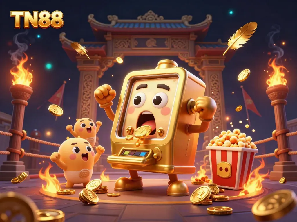 Experience the TN88 jackpot as golden coins pour from the shocked slot machine's mouth.