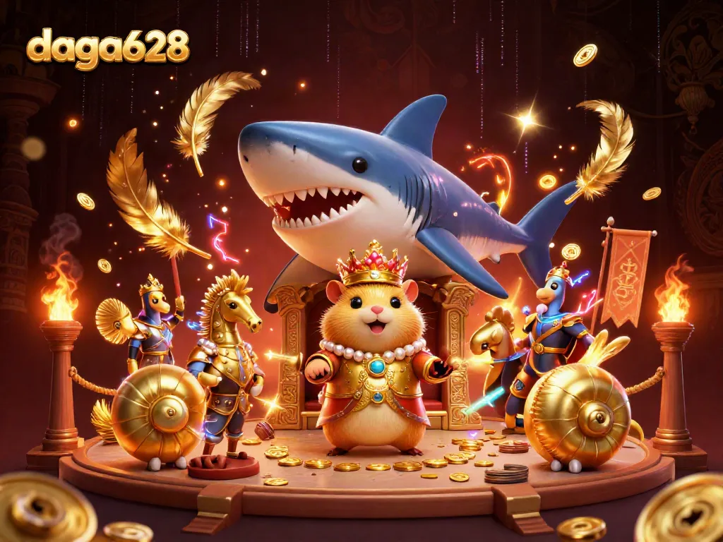 daga628 captures the thrilling atmosphere of an online casino with a golden hamster king and vibrant gaming elements