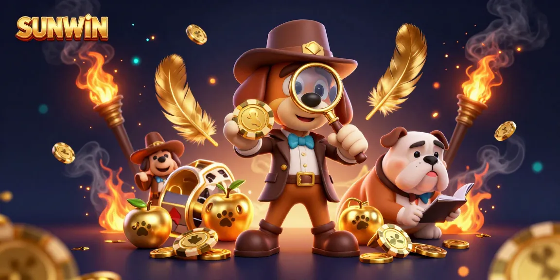 SUNWIN engages players with a thrilling 3D detective scene uncovering golden poker chips and treasures in a vibrant casino.