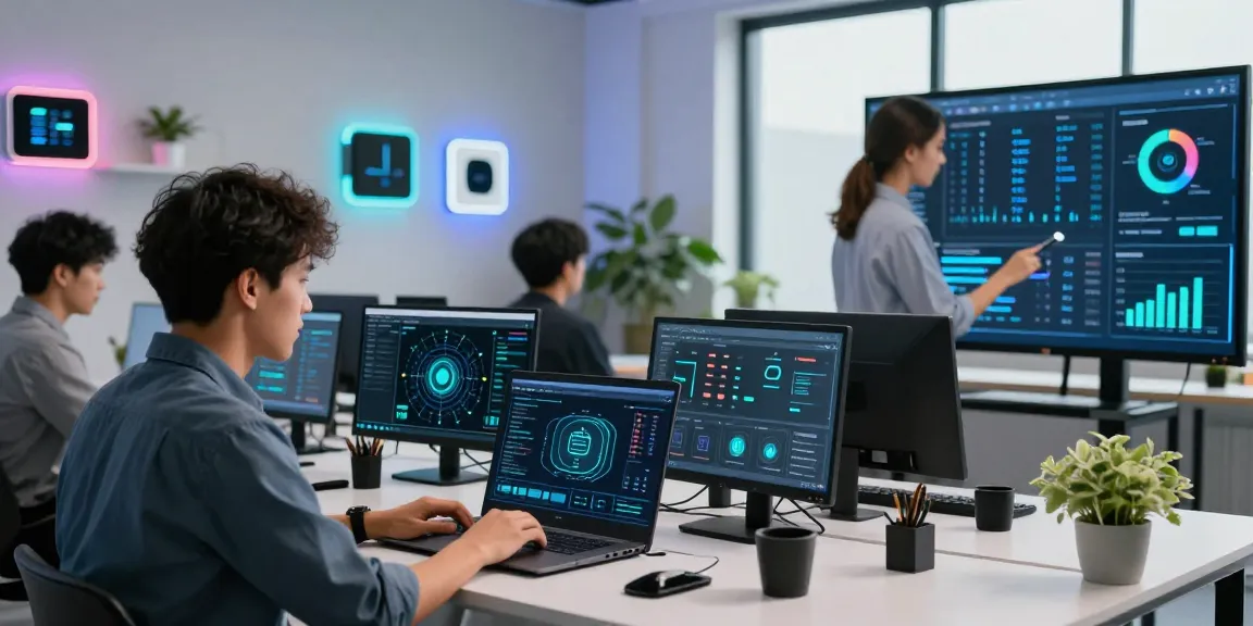 Dynamic edge computing workspace showcasing collaboration among IT professionals analyzing real-time data across multiple smart devices.