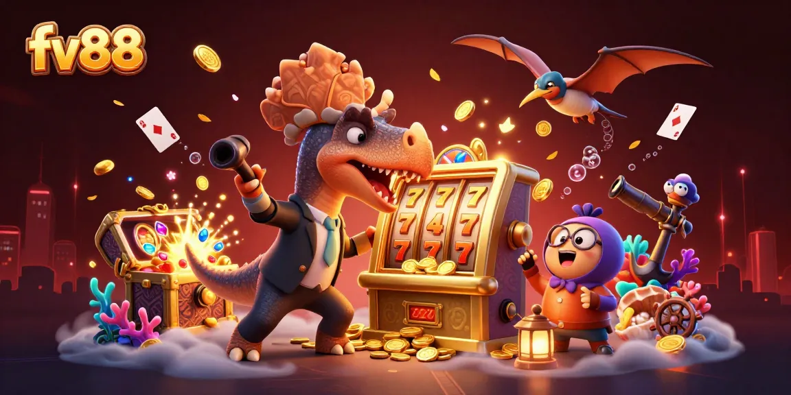 Experience fv88’s dynamic casino adventure with a 3D dinosaur hitting a jackpot slot machine.