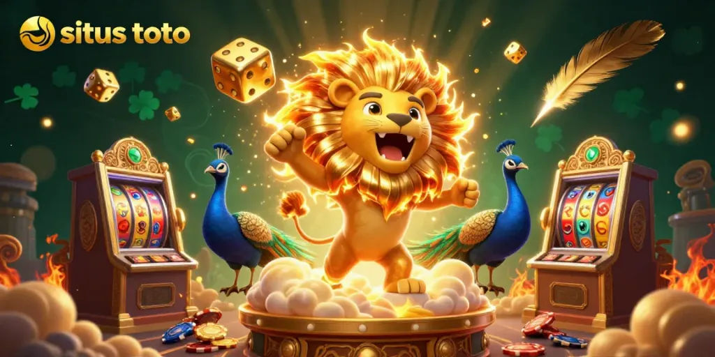 Experience the excitement of situs toto with a colorful scene of a roaring lion amidst gambling elements and golden coins.