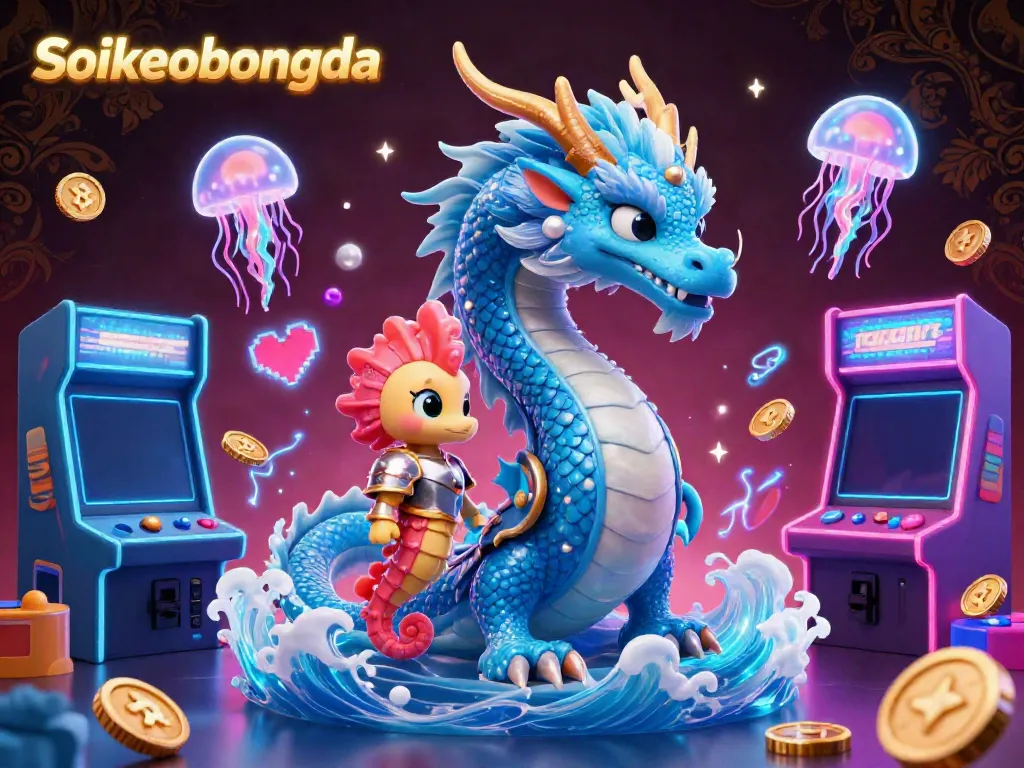 Experience Soikeobongda's thrilling gameplay with a magical dragon and seahorse knight surrounded by vibrant arcade elements.