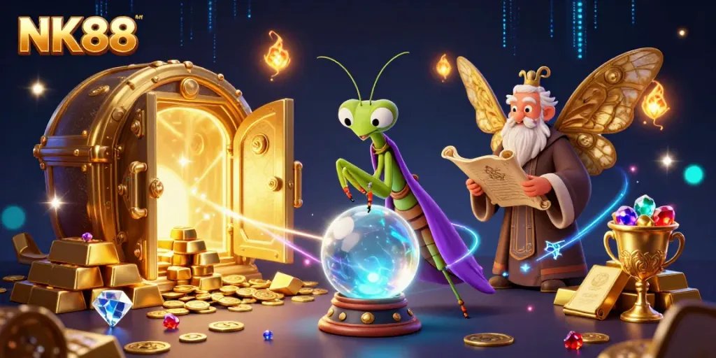 NK88 offers vibrant online entertainment with a mystical fortune teller and treasures in a dazzling casino scene.