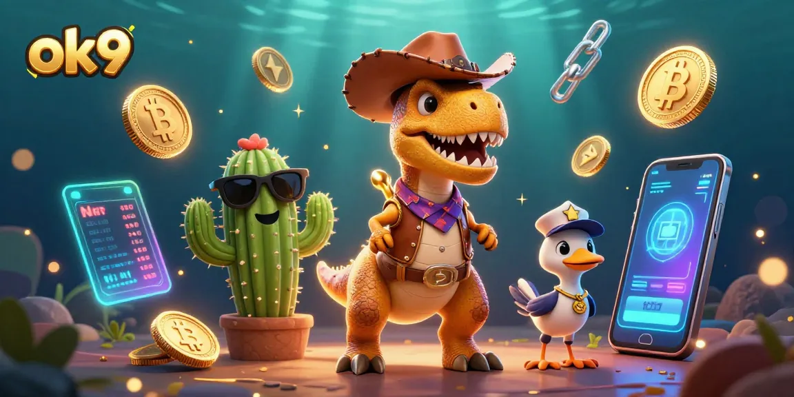 Experience thrilling gaming with ok9 in a dynamic 3D casino illustration featuring unique characters and vibrant visuals.