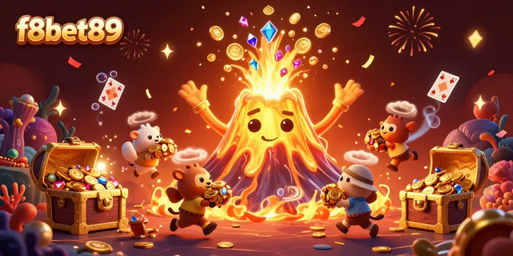 Experience thrilling action with f8bet89's vibrant 3D cartoon scene featuring a golden volcano and treasure.