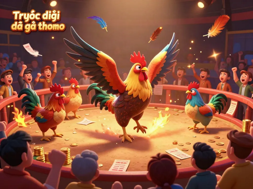 Watch Trực tiếp đá gà thomo in an exciting cockfighting arena surrounded by cheering fans and vibrant action.