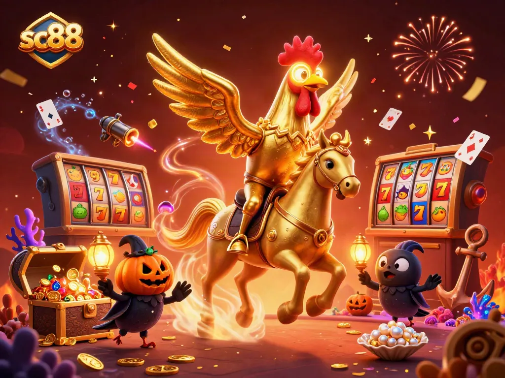 Experience the thrill of sc88 with a golden rooster hero navigating a vibrant casino scene.