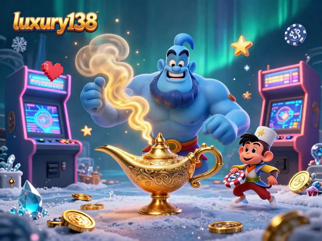 Experience the thrill of luxury138 with colorful arcade games and a magic carpet in an enchanting scene.