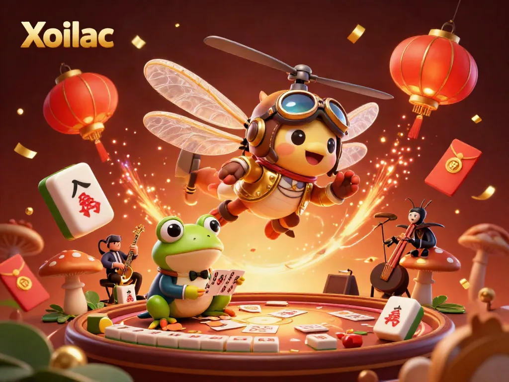 Xoilac captures the thrill of casino gaming with a vibrant 3D scene featuring exciting characters and lively elements.