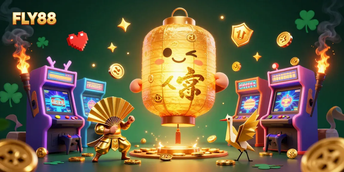 Play and win at FLY88’s exciting casino with golden lantern spirits and vibrant arcade elements.