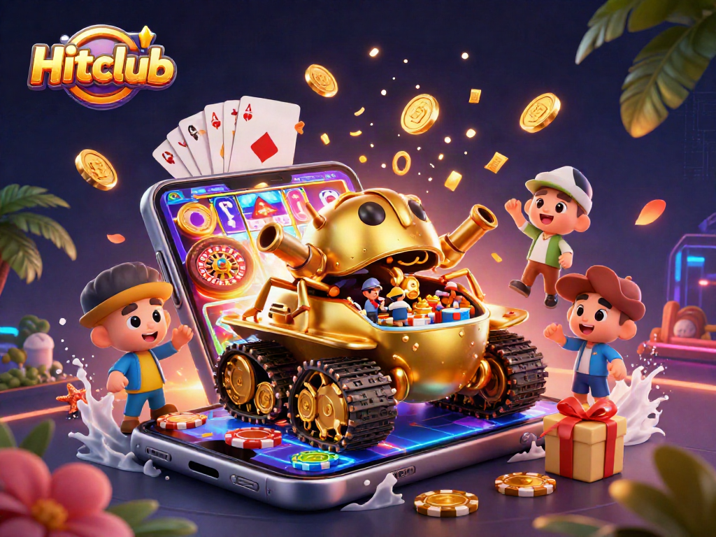 Hitclub depicts a vibrant 3D casino scene with a golden beetle tank and slot games.