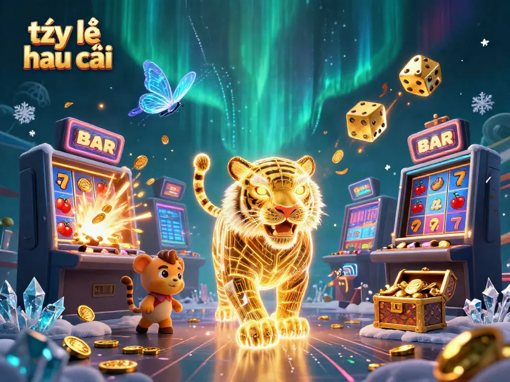 Experience the thrill of tỷ lệ nhà cái with a vibrant casino scene featuring a neon tiger and slot machine.