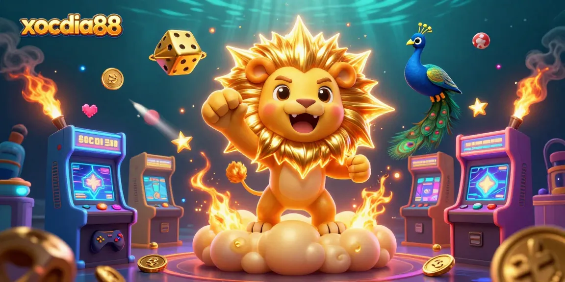xocdia88 offers a vibrant gambling scene with a roaring sun lion, colorful arcade machines, and floating gold elements.