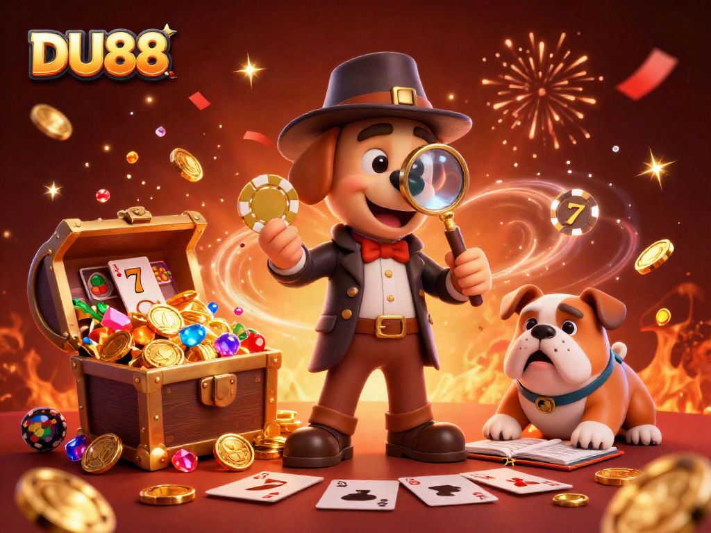 Detective bloodhound and bulldog solve DU88 casino puzzle amidst gold coins and slot symbols.