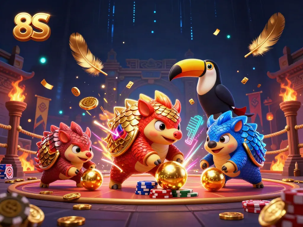 Engage in an exhilarating 8S casino showdown with rival pangolins in an energetic scene.