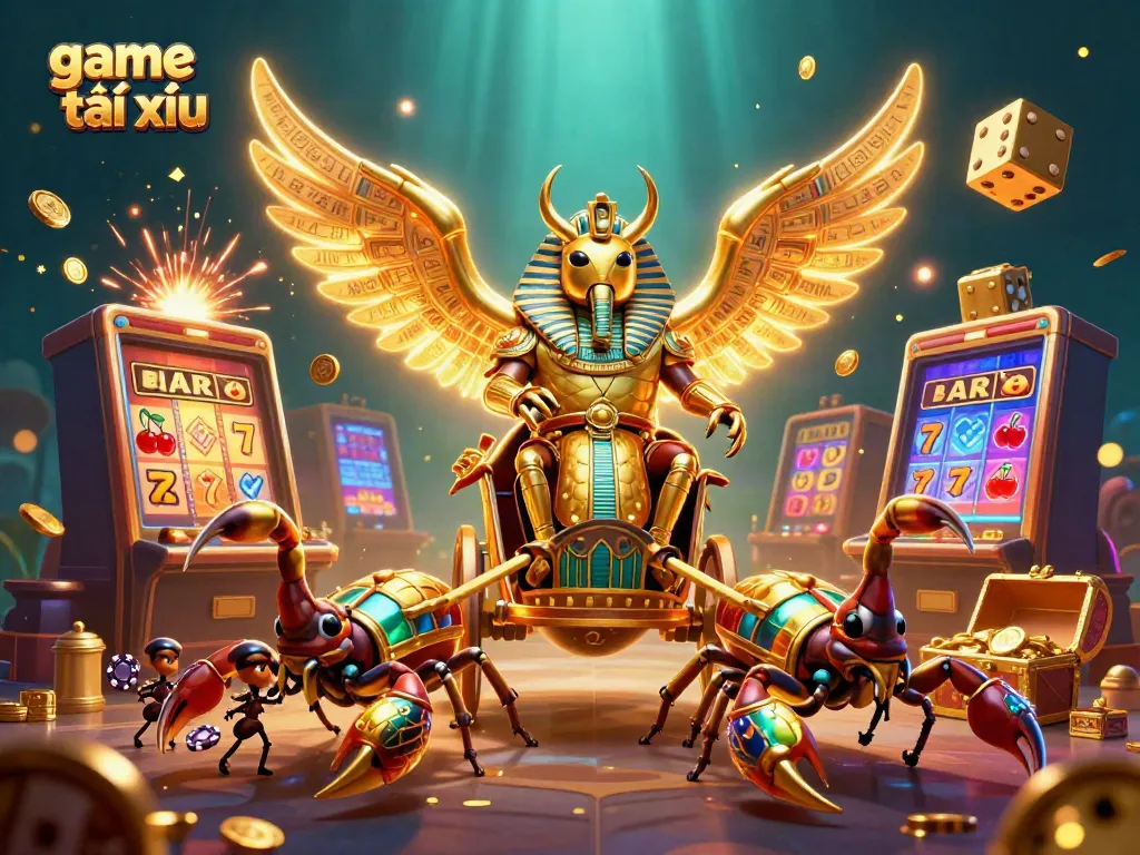 Experience game tài xỉu excitement with a colossal golden scarab in an epic casino scene.