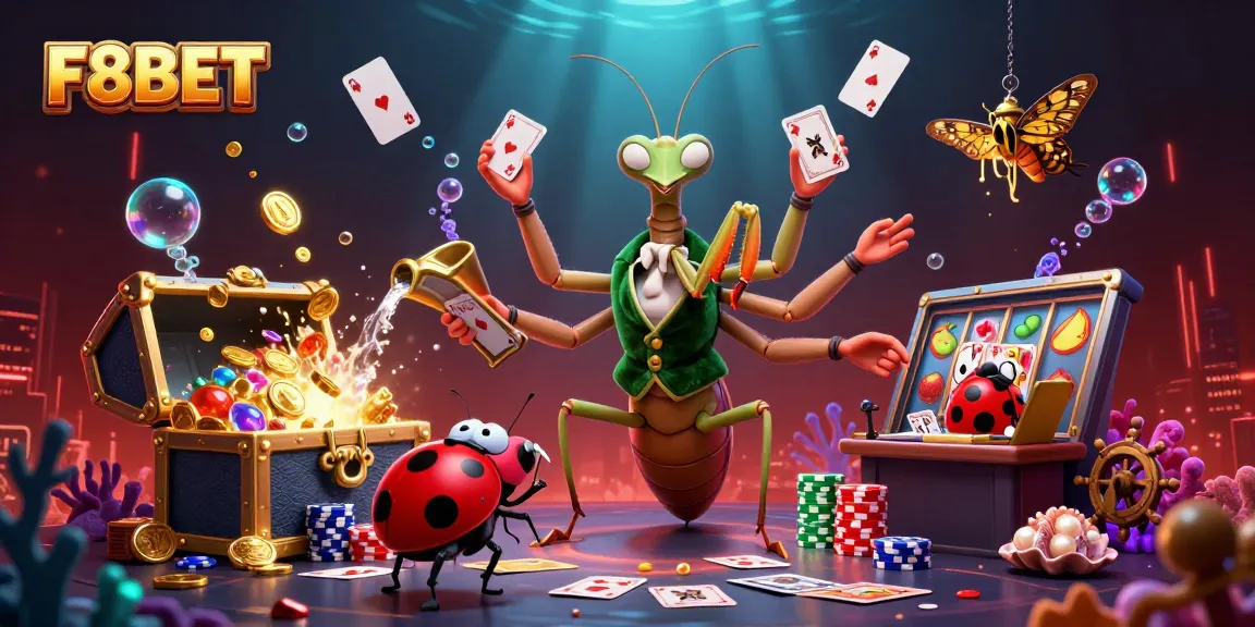 Experience thrilling gaming with F8BET featuring a giant praying mantis dealer and vibrant casino elements.