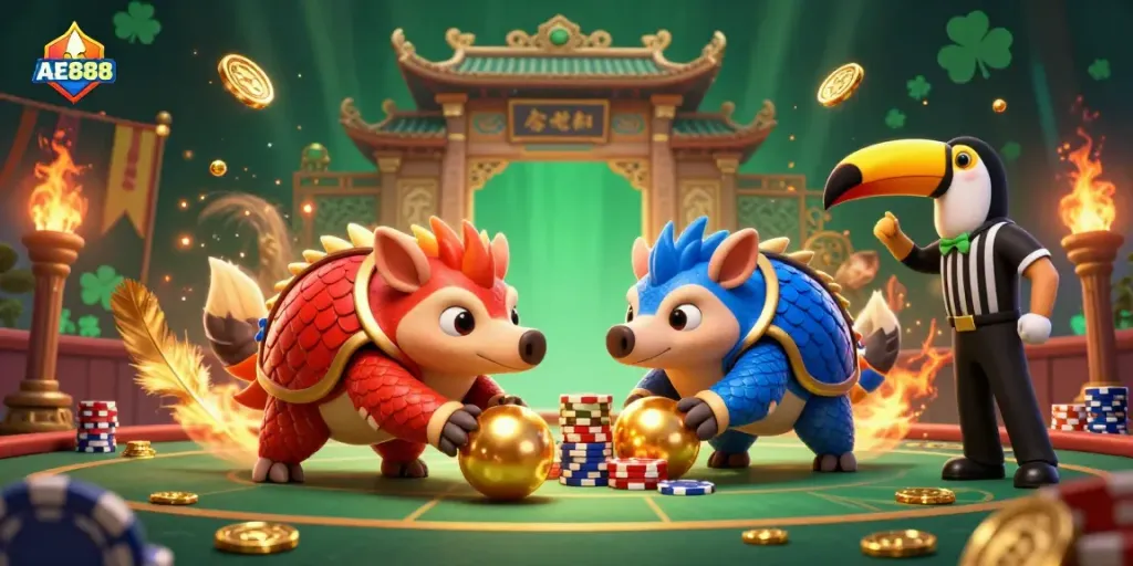 Rival pangolins compete in a vibrant AE888 casino atmosphere, showcasing exciting gaming elements.