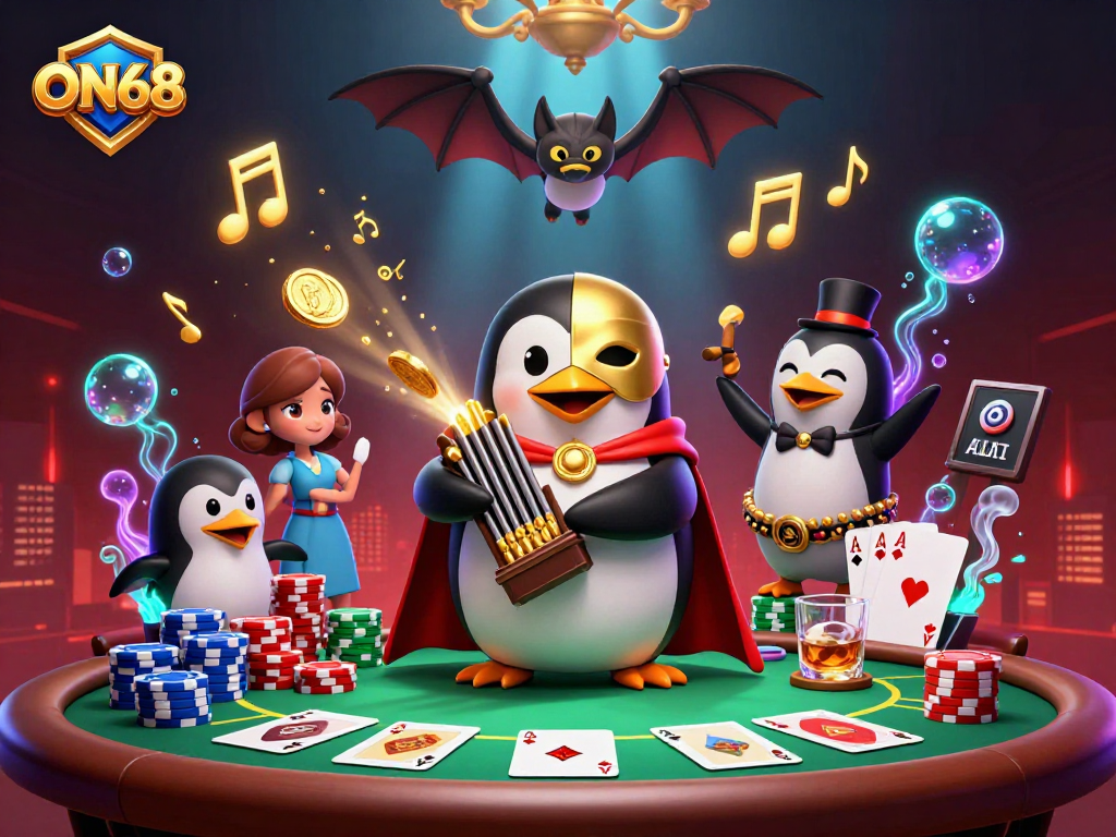 Engage with ON68's lively casino atmosphere featuring a phantom penguin playing for treasures.