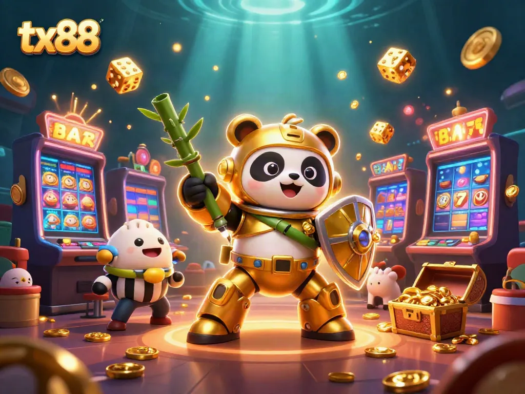Experience the vibrant tx88 casino scene with golden panda in mech-suit, bursting slots, and dynamic casino elements.
