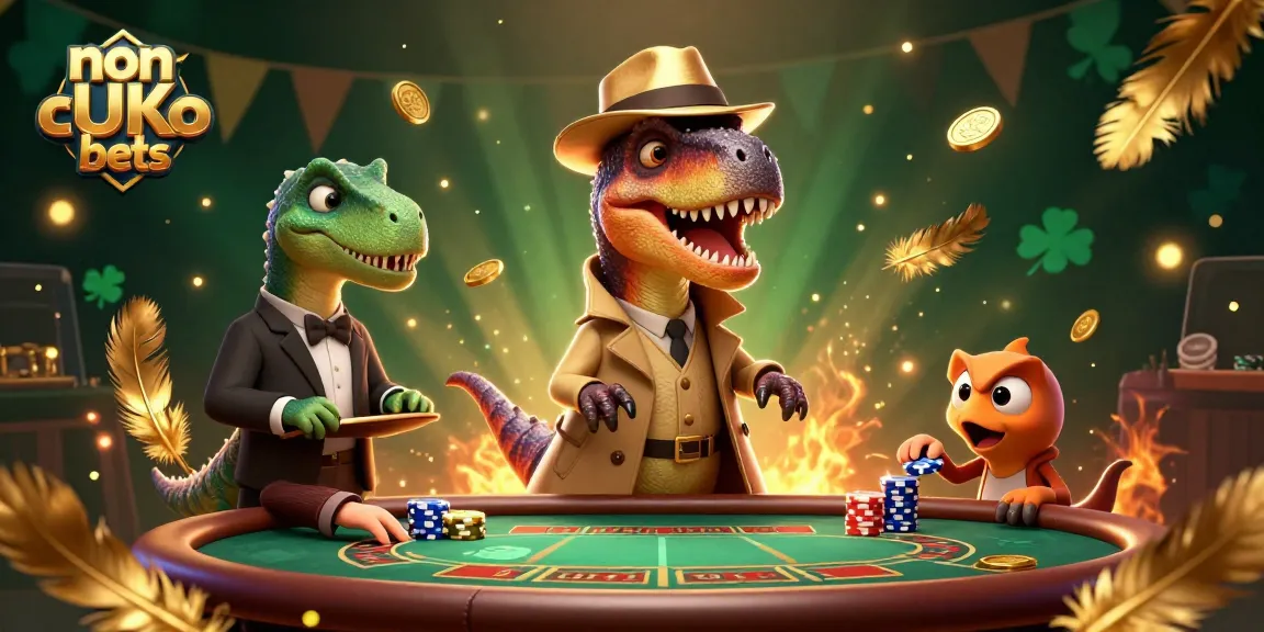 Experience exciting non UK casino bets with a velociraptor at a blackjack table amidst swirling golden particles.