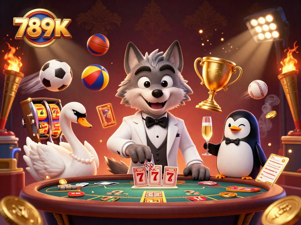 Illustration showcasing 789K, featuring a wolf at a baccarat table with dynamic casino elements.