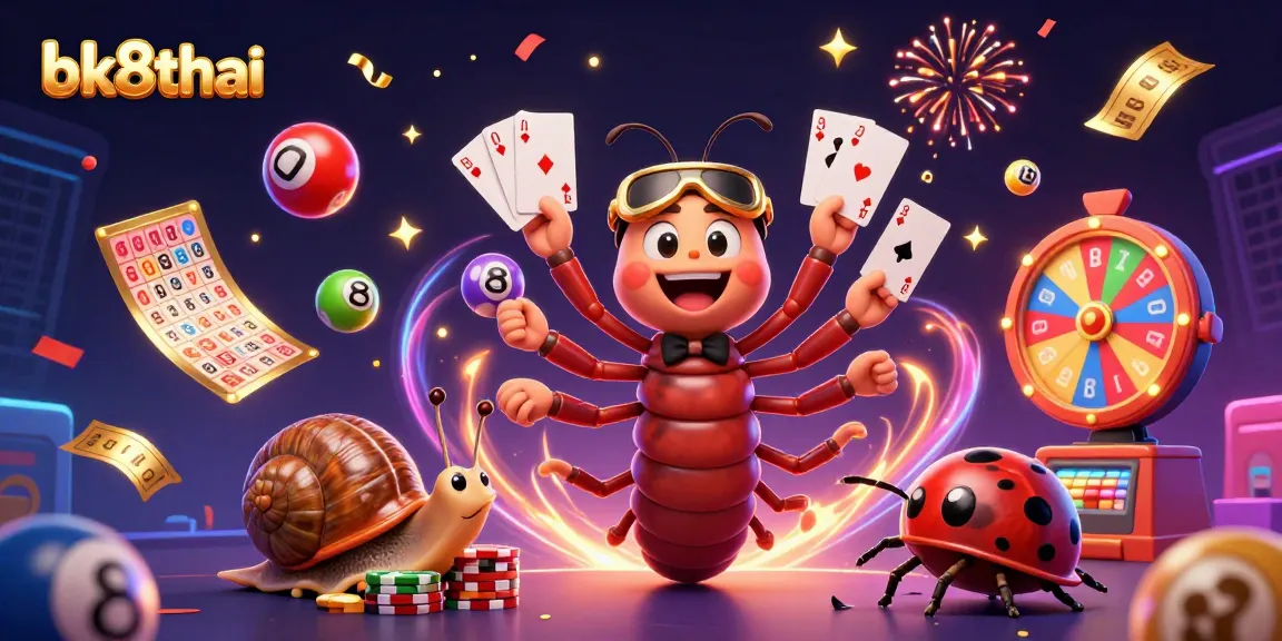 Engage with bk8thai's dynamic 3D gambling scene featuring colorful lottery elements and lively characters.