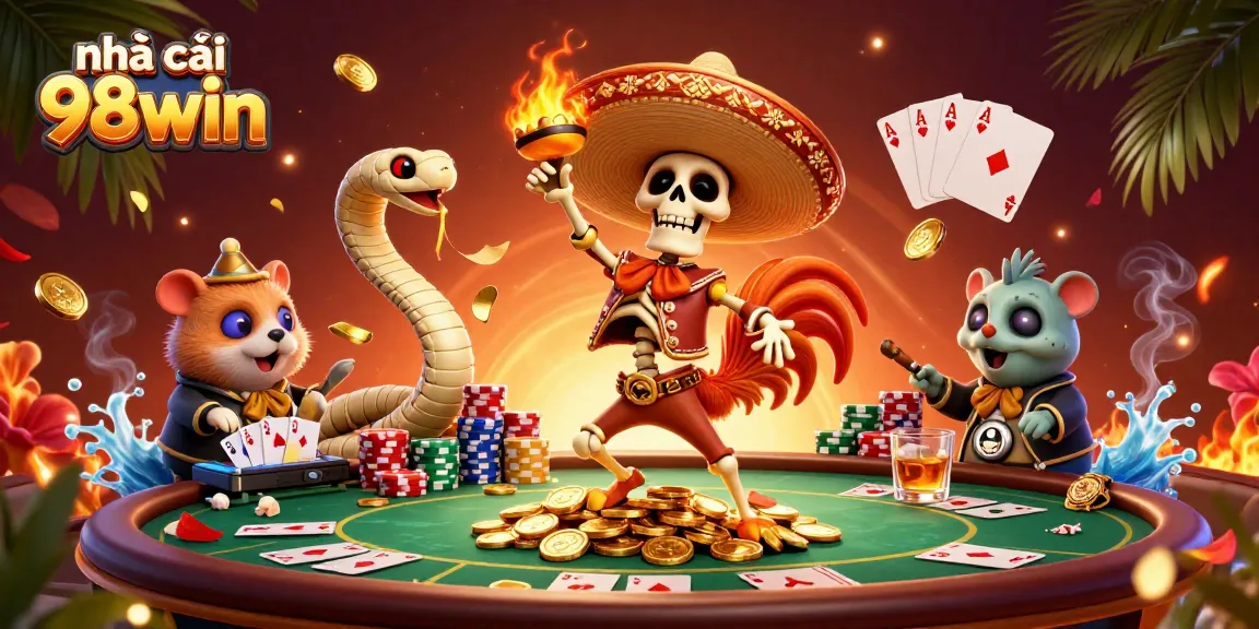 Experience the vibrant atmosphere of nhà cái 98win with engaging characters dancing on coins.