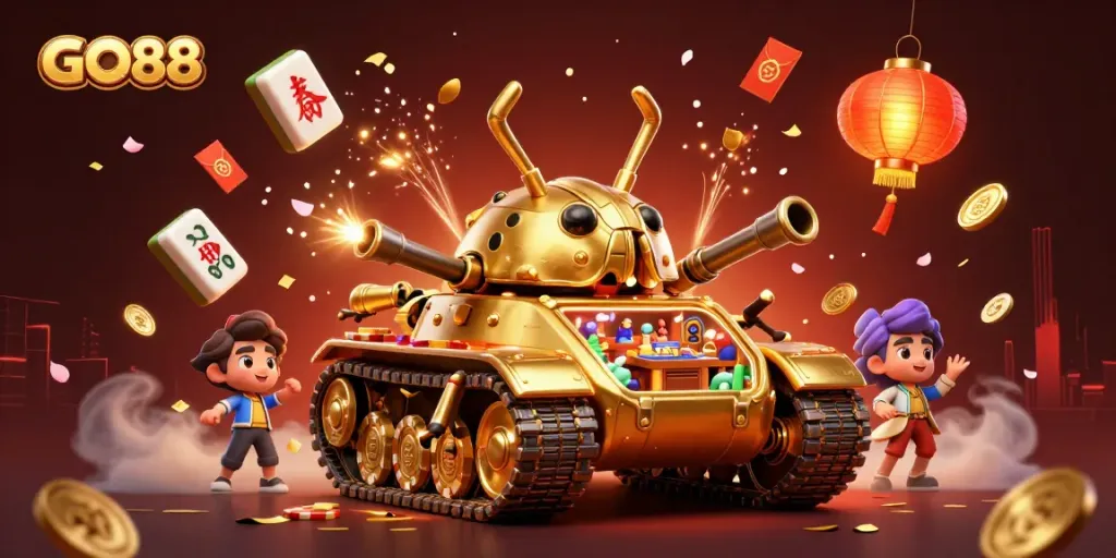 Engage in exciting gaming action at GO88 with a vibrant casino scene featuring a golden beetle tank.