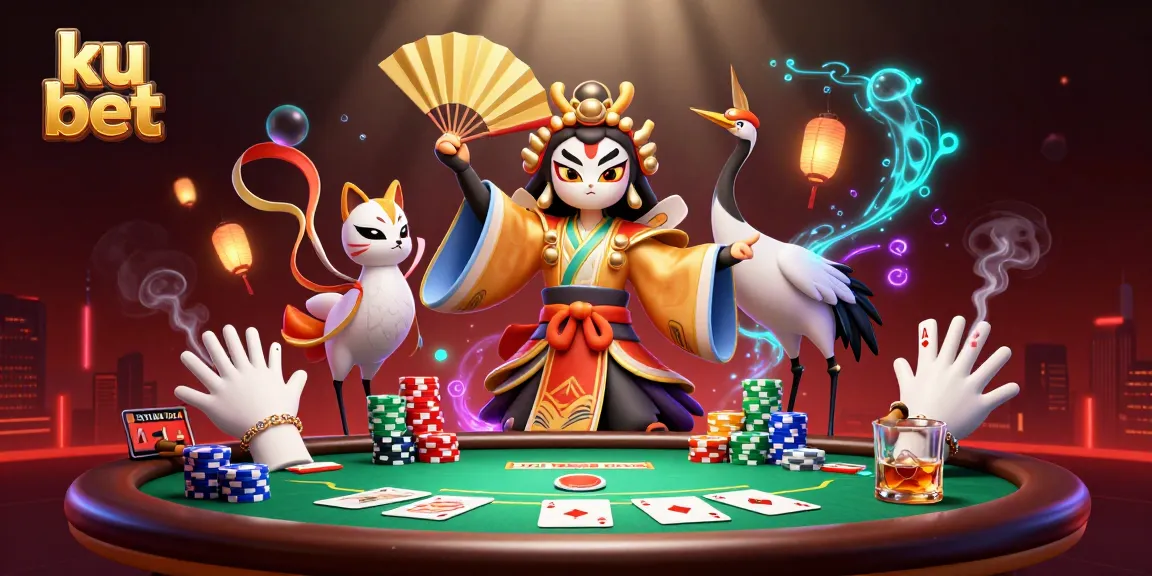 Play exciting poker at ku bet with a vibrant 3D illustration featuring unique characters and gambling elements.