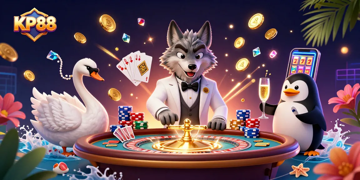 Win big at KP88 with a lively 3D casino scene featuring a playful wolf and elegant characters.