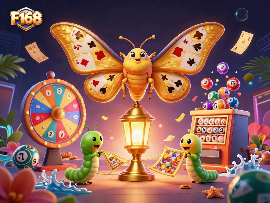 Engage with F168 as vibrant golden moths and colorful lottery balls create a dynamic casino scene.