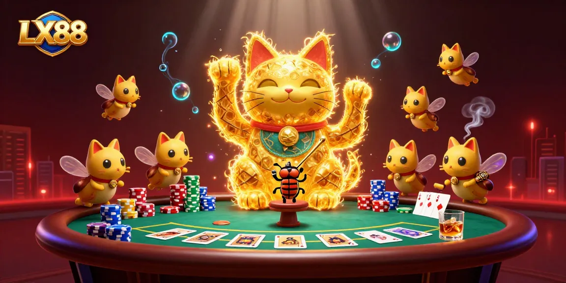 LX88 showcases a vibrant scene with golden fireflies and poker highlights, embodying casino excitement.
