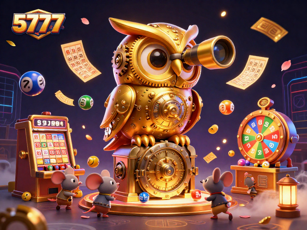Experience thrilling games at 5777, featuring a dynamic casino scene with a time-telling owl and lively patrons.