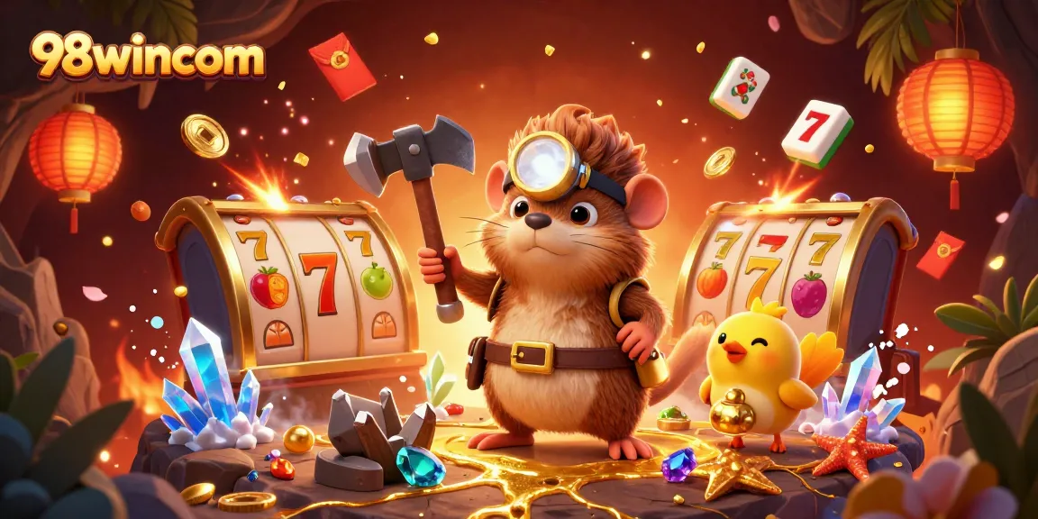 Explore exciting gaming adventures with 98wincom’s vibrant casino illustration featuring treasure, gems, and slot games.