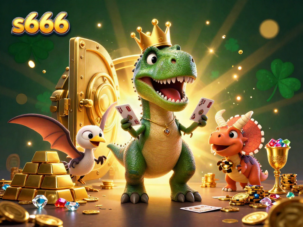 Players enjoy s666 casino games as dinosaur characters shuffle cards and stack chips.