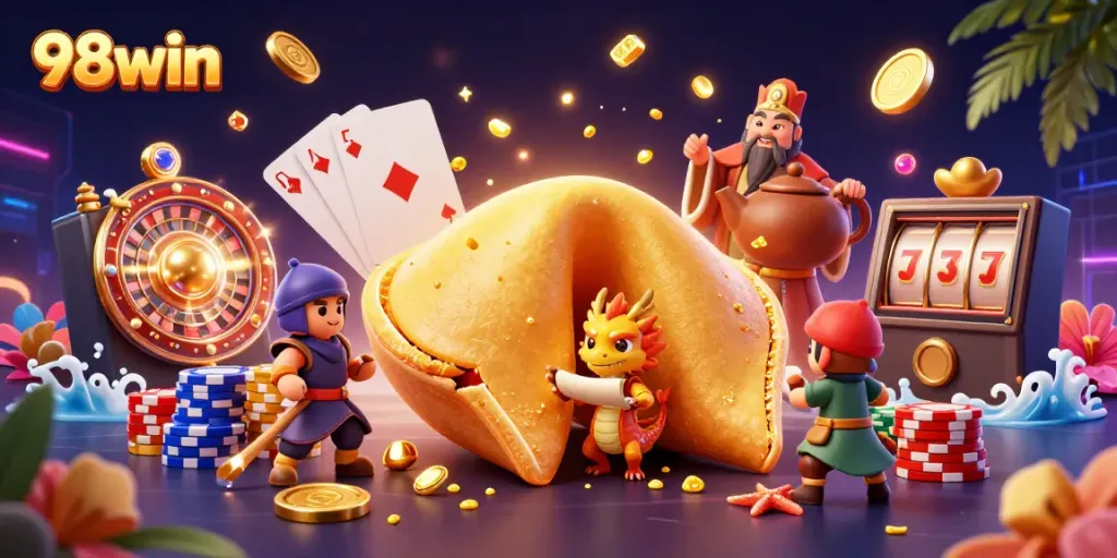 Win big with 98win's dynamic casino scene featuring gold coins and a wise dragon.