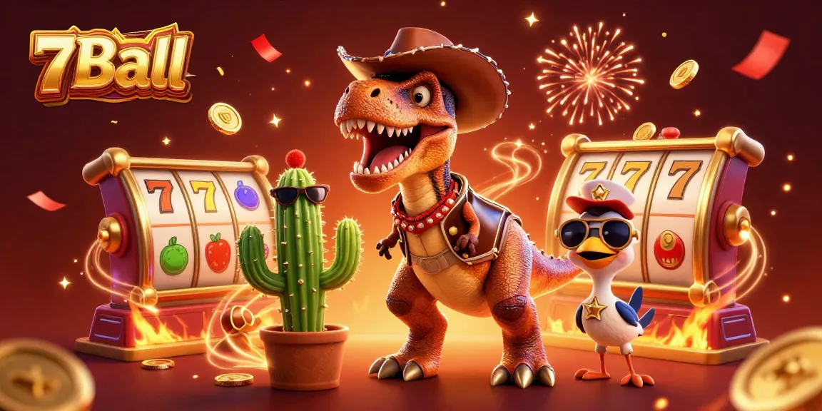Engaging cartoon scene showcasing 7Ball themed slot games with vibrant characters and festive effects.