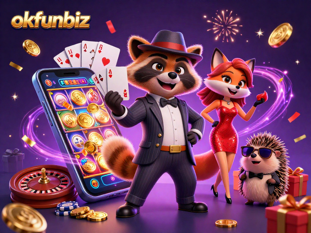 Experience the excitement of okfunbiz with charming characters in a vibrant casino scene.