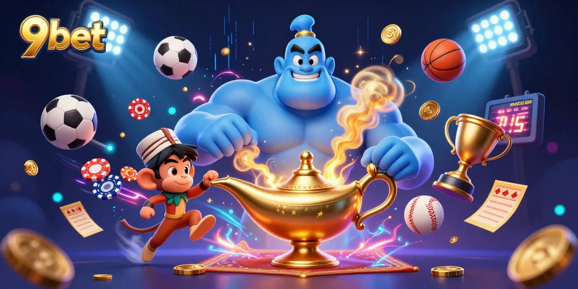 Experience the thrill of betting with 9bet as a muscular genie bursts from a lamp, surrounded by sports memorabilia.