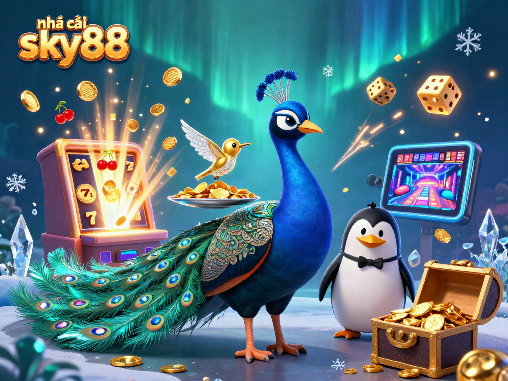 Experience the excitement at nhà cái sky88 with a vibrant casino scene featuring slot machines and dynamic characters.