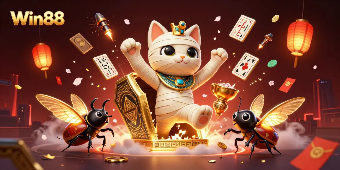 Win88's vibrant 3D casino scene showcases a cat mummy and glowing scarab with festive gambling elements.