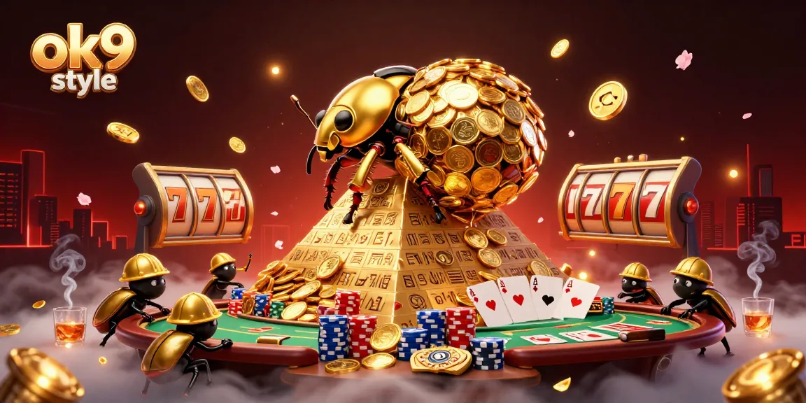 Engage with the thrilling world of ok9 style, featuring a vibrant golden beetle scene highlighting casino elements and dynamic gameplay.